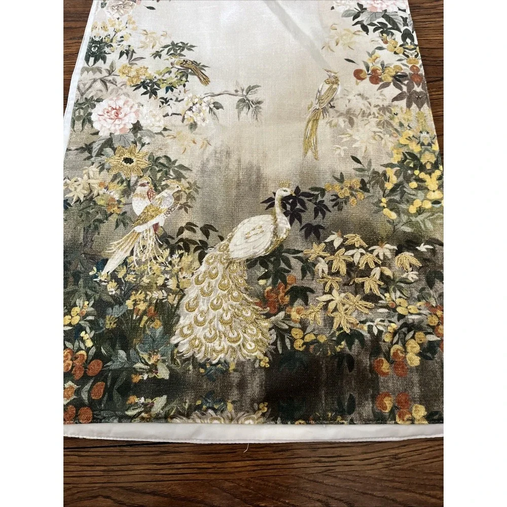 anatara Print Gold Embroidered table runner Floral Birds white peacocks 16 X 80